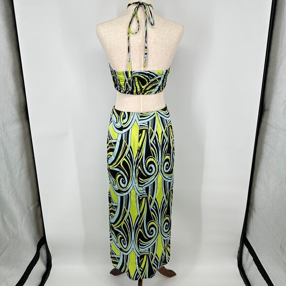 Topshop Abstract Green Blue Swirl Halter Side Cutout Dress Womens US Size 4 - Picture 4 of 12